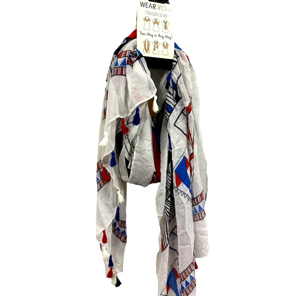 Féria Mode Red White and Blue Lightweight Tassel Shawl Scarf Wrap Sarong